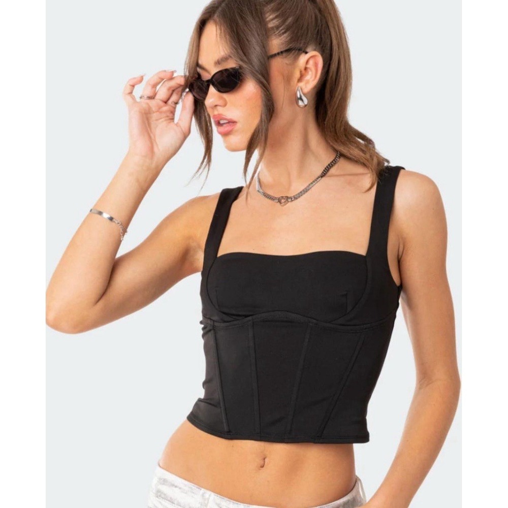 Edikted Women's Sz S Bustier Corset Black Top Stretch City Night Out Sexy